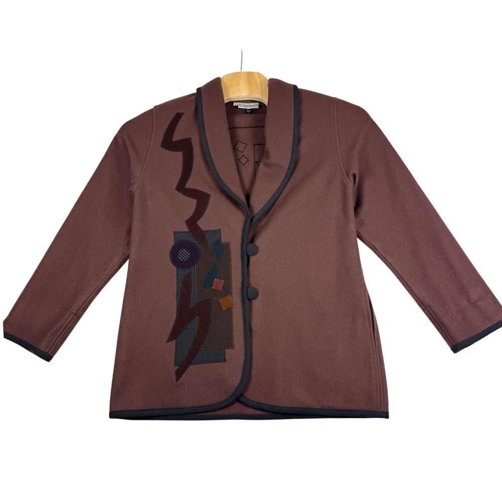 Beppa Pure Wool Abstract Geometric Applique Shawl Collar Jacket Mauve Size S VTG